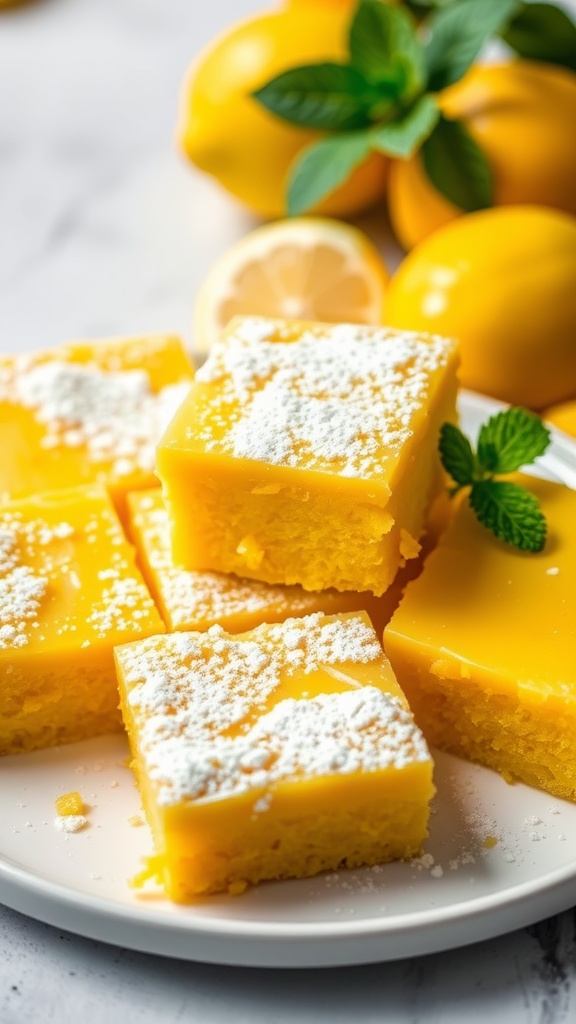 Bright yellow lemon brownies on a plate, garnished with powdered sugar and fresh lemons.